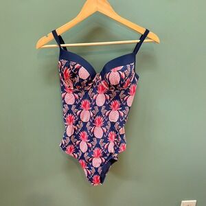 Boden Pineapple Print Underwire One Piece Swimsuit Navy Pink US 34C